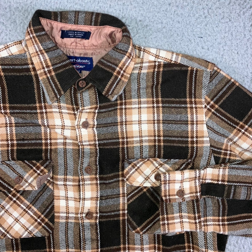 Vtg Big Yank‎ Sport-abouts Shirt Men M Brown Plaid Flannel 70s 80s Distressed